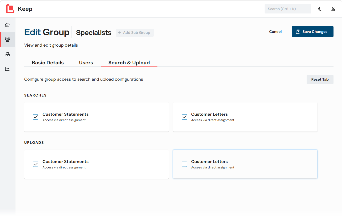 The Search and Upload tab of the Edit Group page in Keep.